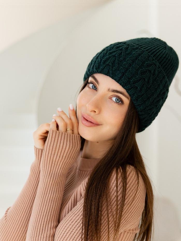 Шапка женская вязаная Джулия из шерсти с отворотом Зеленый (2760213359)