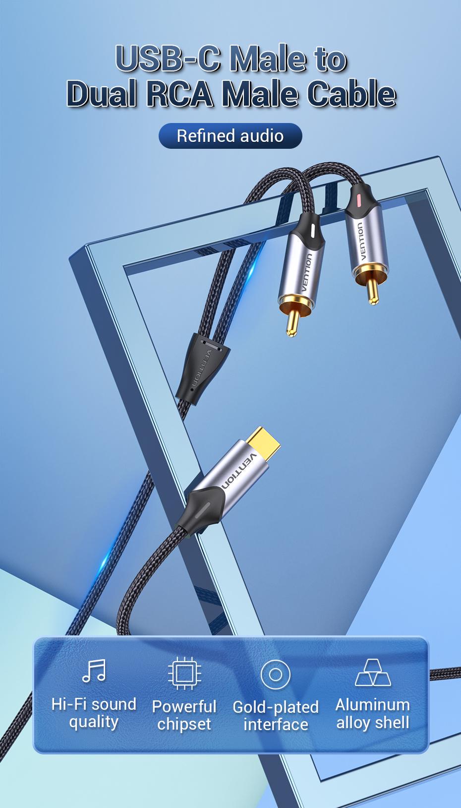 Кабель Vention Type-C-2RCA стерео тюльпани-USB-C Hi-Fi звук AUX DAC ЦАП нейлонове обплетення 2 м Чорний (BGUHH) - фото 2