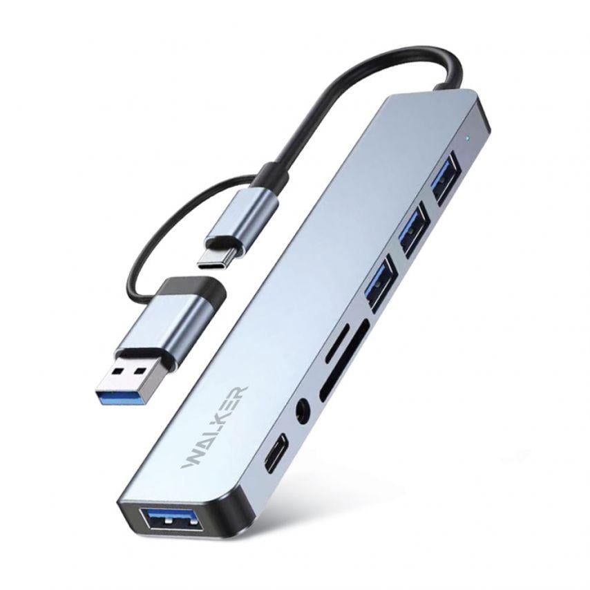 Перехідник USB-хаб 8в1 Walker WHUB-53 з роз'ємом USB/Type-C Grey