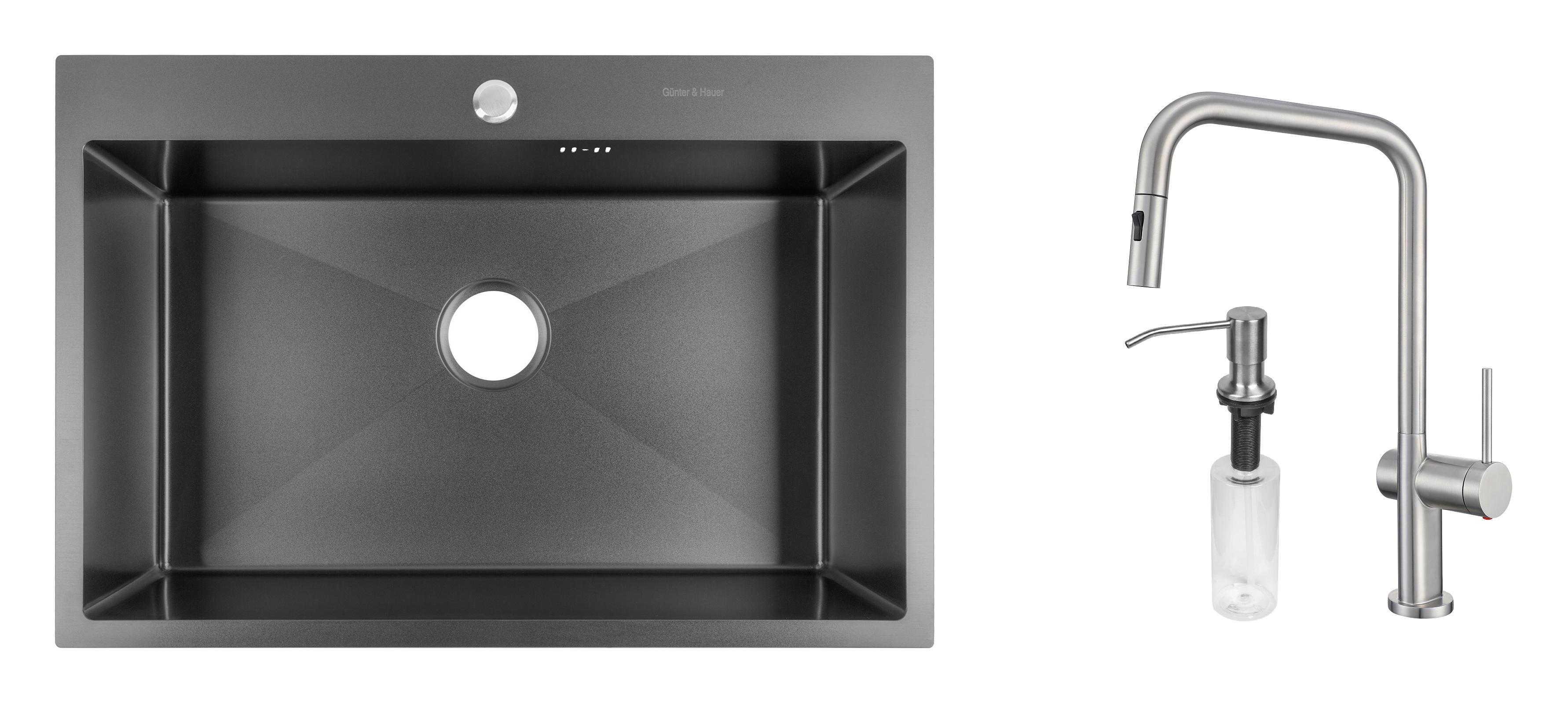 Комплект из кухонной мойки Gunter&Hauer Odenbach 7522 Black и кухонного смесителя Gunter&Hauer BRUNNEN Br и дозатора Gunter&Hauer Soap Dispenser Inox