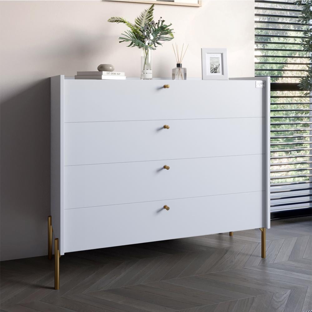 Комод LION Wood с 4 ящиками с золотыми ножками 100х90х45 см Нимфея Альба Белый (LION-042969)