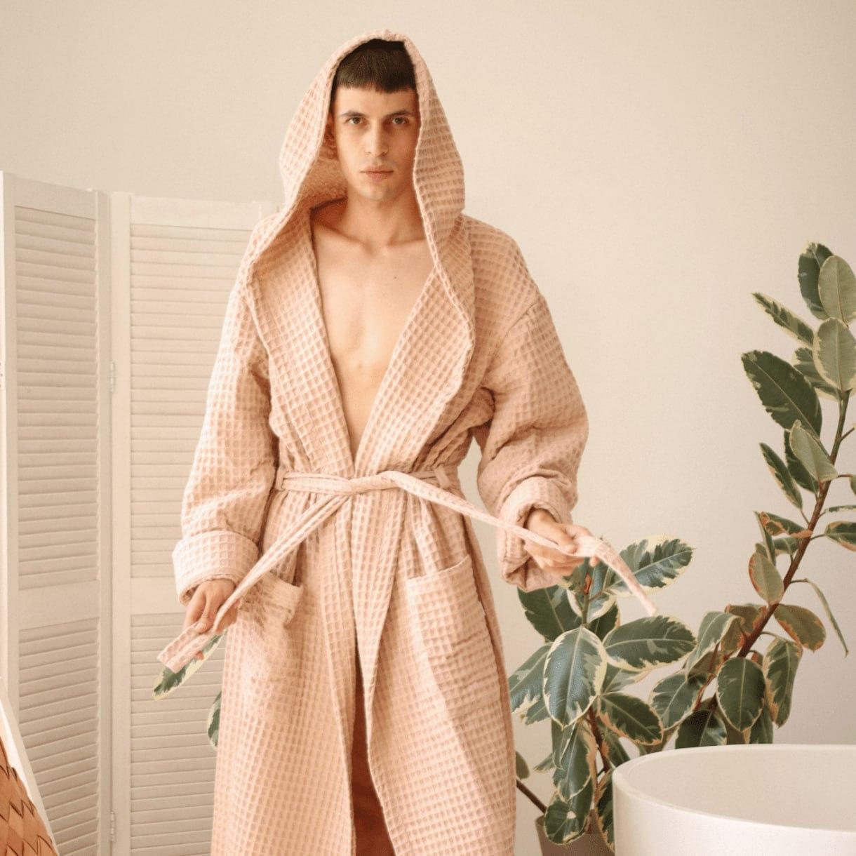 Халат для мужчин с капюшоном M Бежевый (Д-lel-2mal-vafel25-001)