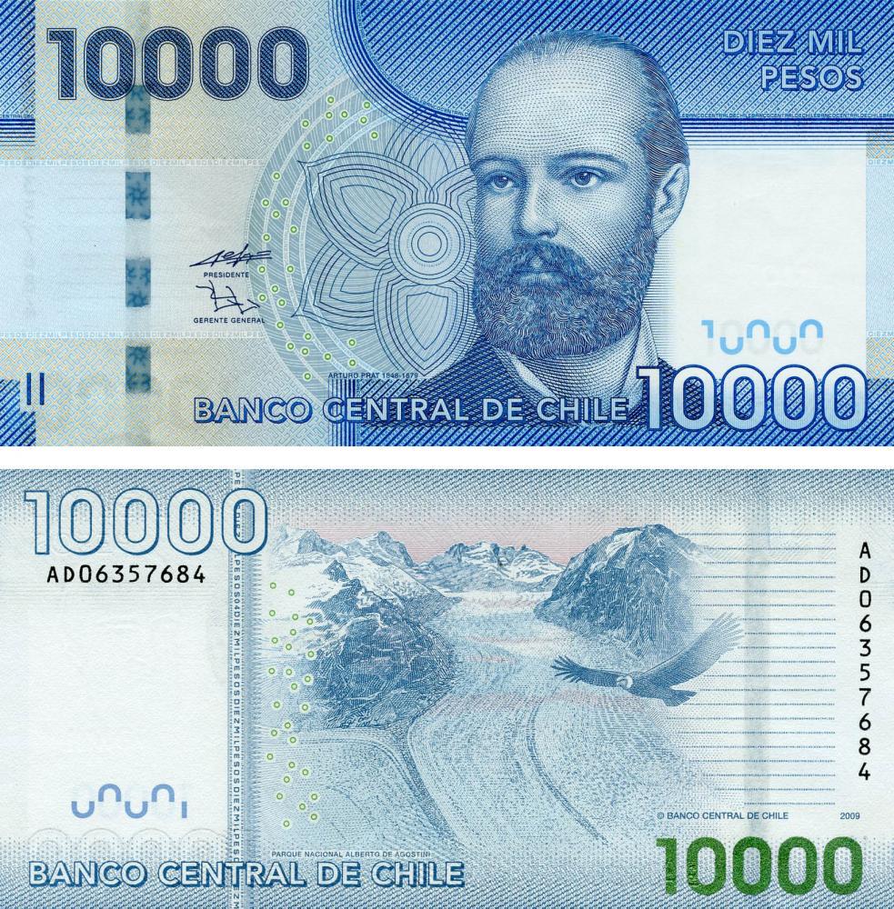 Коллекционная банкнота Чили 10000 песо 2009 UNC Кондор Национальный парк Альберто де Агостини P164 (Б13402)