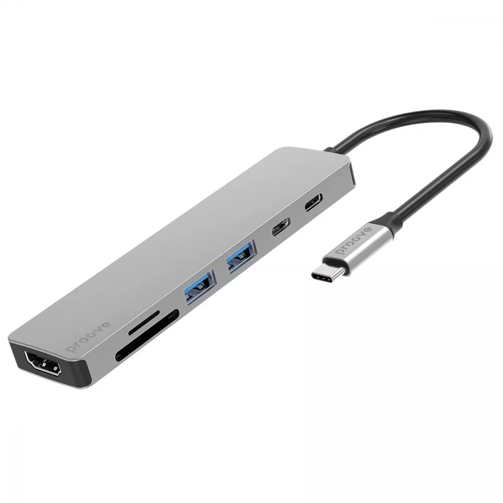 Адаптер USB хаб Proove Iron Link 7in1 2хType-C+2хUSB3.0+HDMI+SD/TF Silver