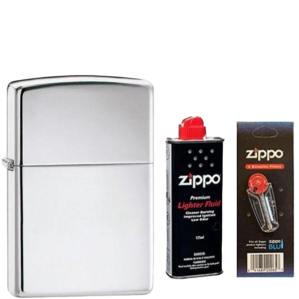 Комплект ZIPPO Запальничка 167 Classic armor High Polish Chrome бензин/кремені