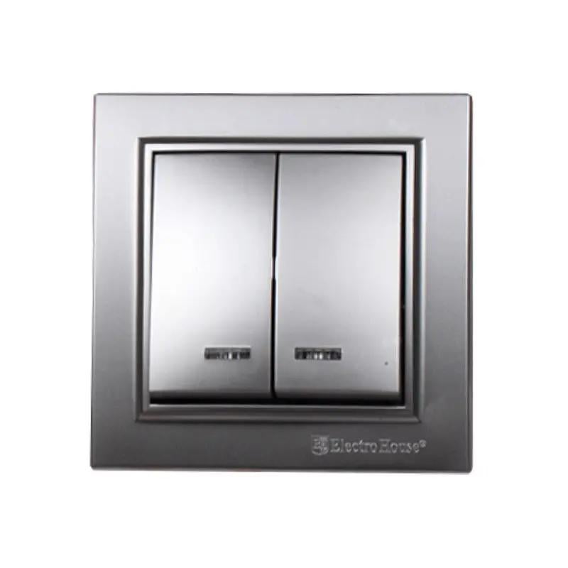 Выключатель двойной с подсветкой ElectroHouse Enzo IP22 Серебряный камень (EH-2184-ST)