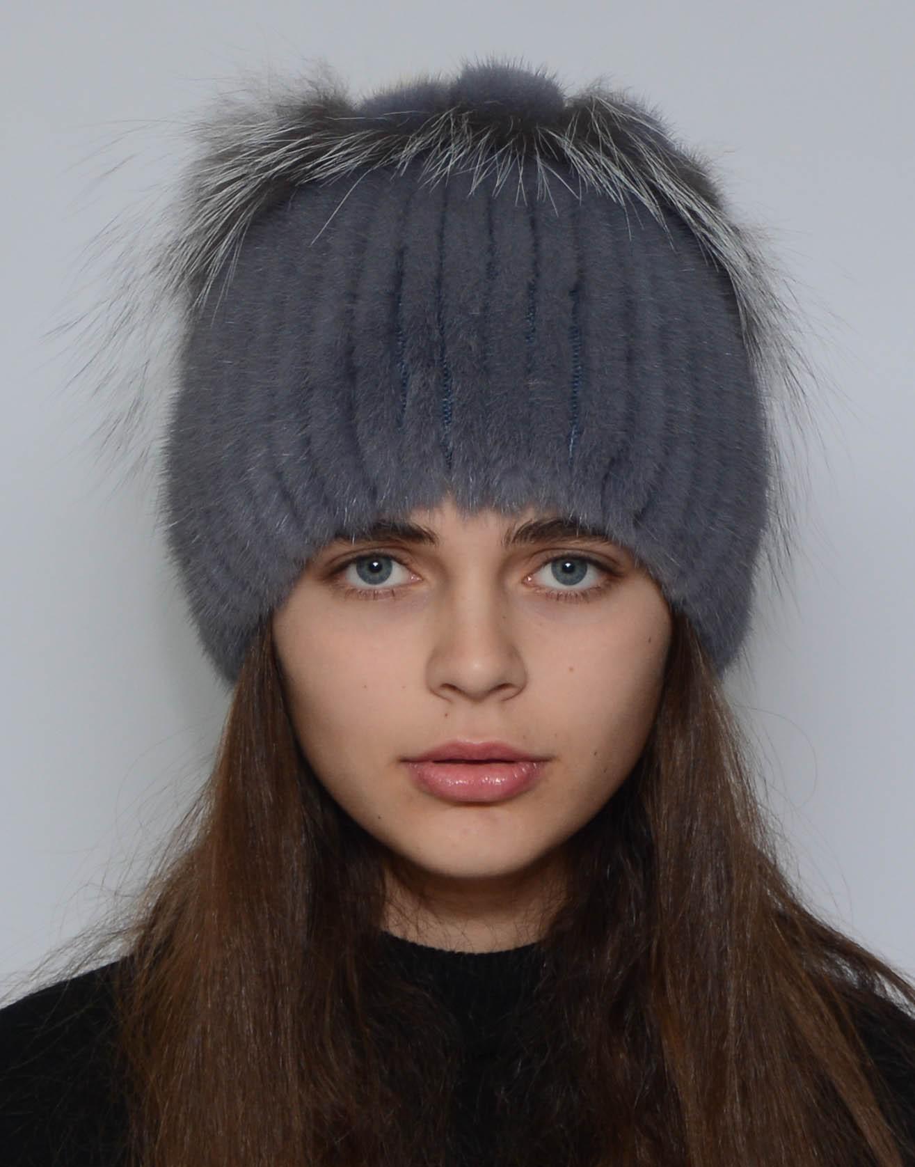Зимняя шапка из вязаной норки Меховой стиль Петли натуральный мех M-L Сапфир (101/Е)