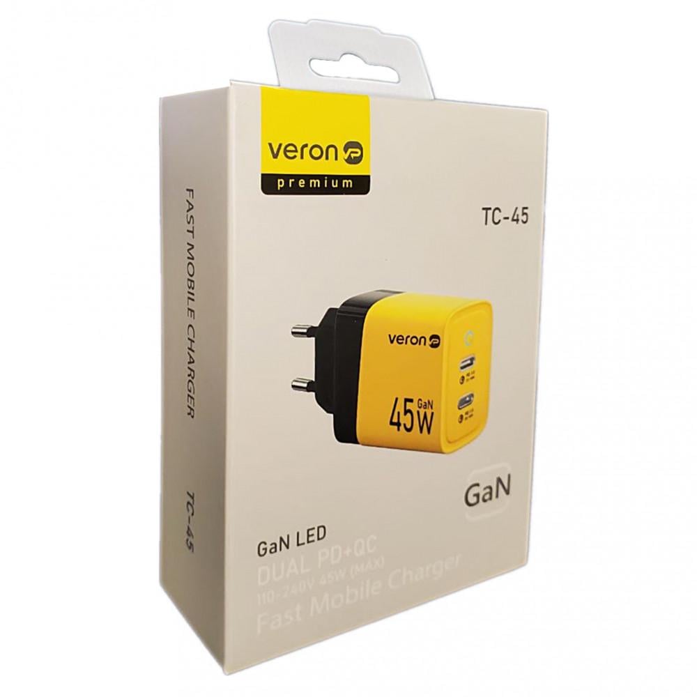 Зарядное устройство для Veron GaN 45W Fast Mobile Charger PD+QC 2xUSB-C Yellow (770936) - фото 4