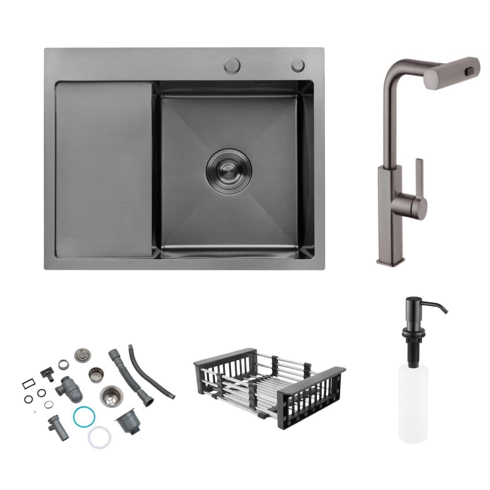 Мойка Kroner Schwarze 6350RHM PVD и смеситель для кухни с выдвижным изливом Kroner-PVD03918