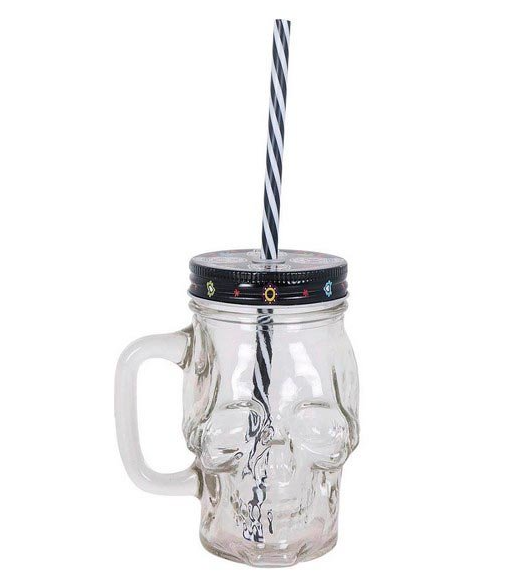 Чашка-банка Stenson R93371 Череп с завинчивающейся крышкой и трубочкой 400 мл Прозрачный (50868bca)