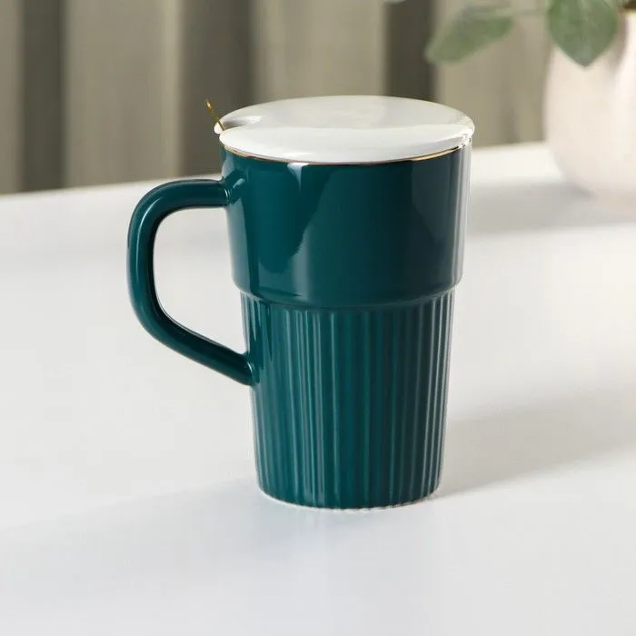 Чашка керамическая Винтажная с крышкой и ложкой 350 мл Зеленый (21-зел-O8030-234)