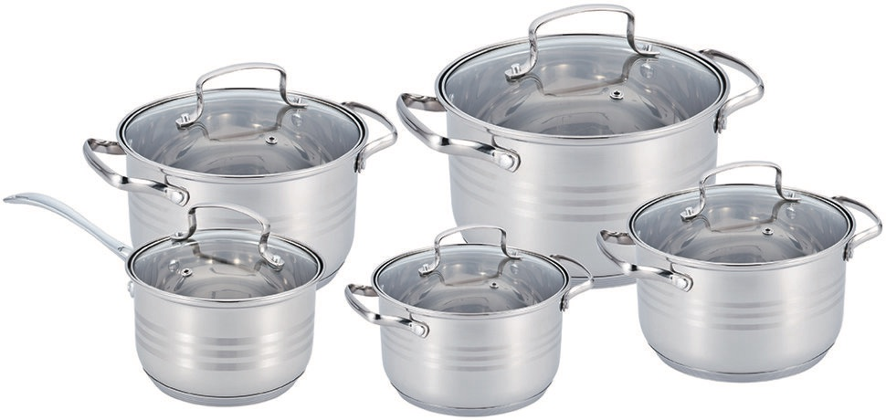 Набор кастрюль Benson BN-203 из нержавеющей стали 5-слойным дном 2,1/2,9/3,9/6,5 л 10 пр. серебристый (BN-203)