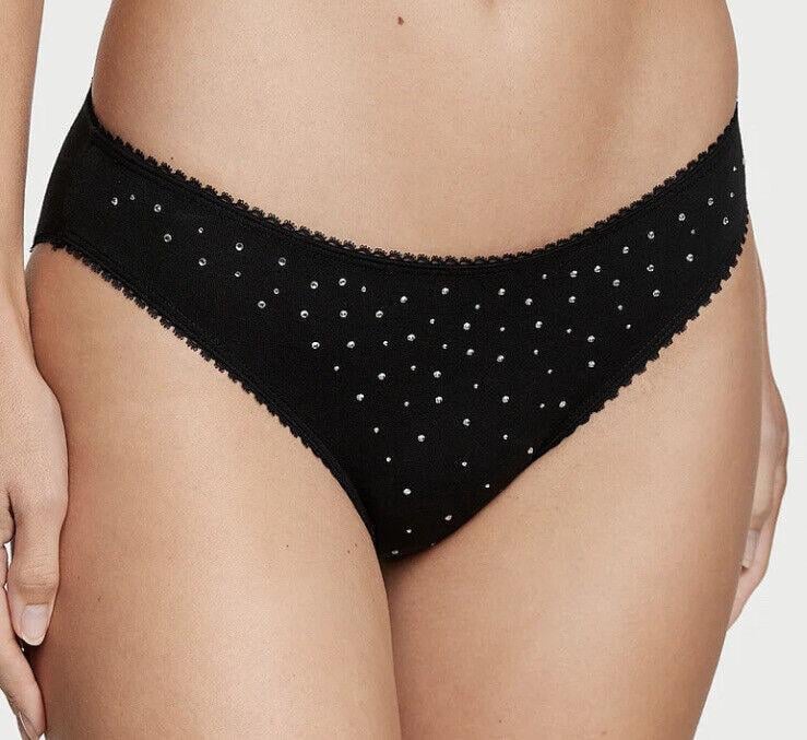 Трусики Victoria's Secret Black Stretch Cotton Rhinestones Shine Bikini Panty S Черный (26706180)