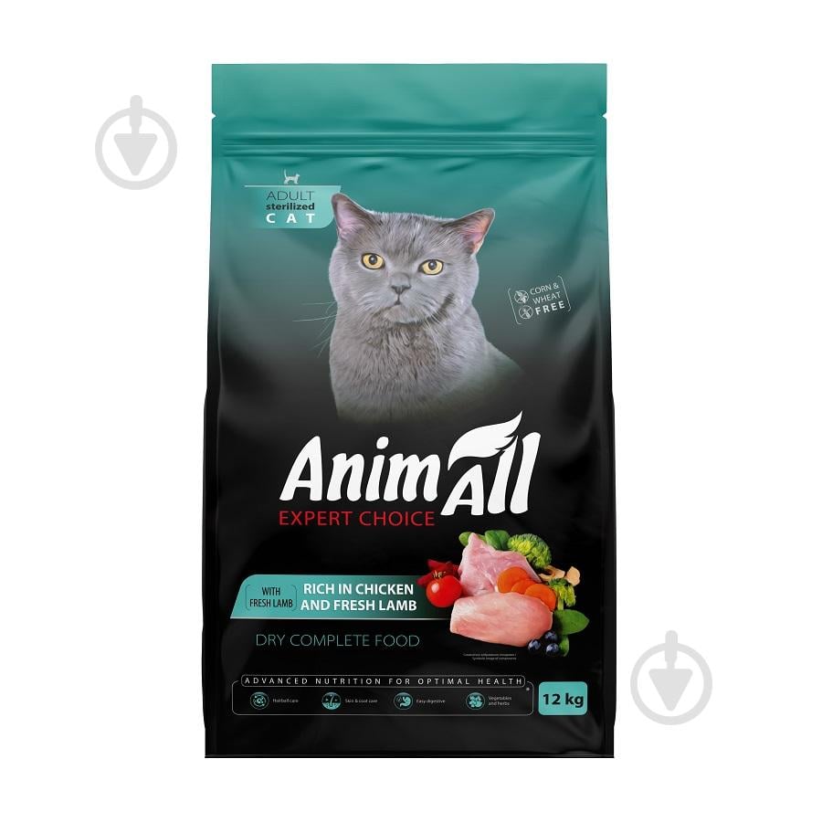 Корм сухой полнорационный AnimAll для стерилизованных кошек с курицей и ягнятиной 12 кг (178603)