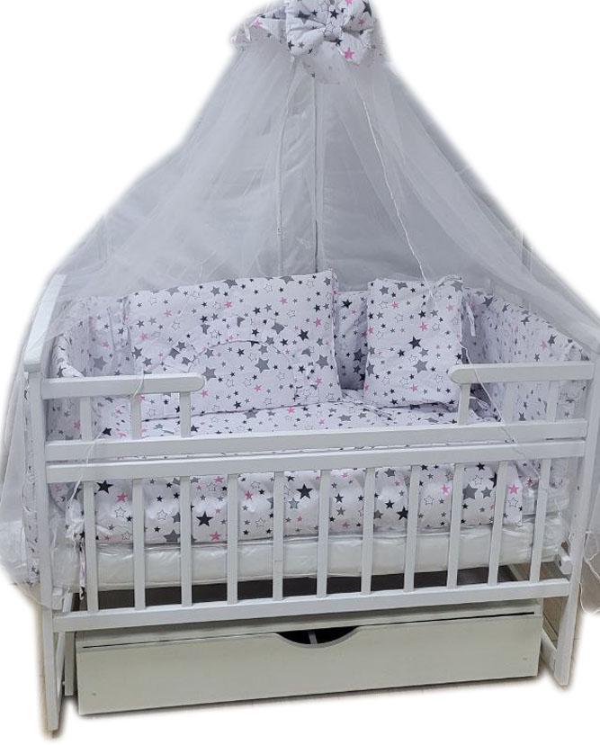 Набор постельного белья Звезды в детской кроватке 9 эл. Белый/Розовый Набор постельного белья Звезды в детской кроватке 9 эл. Белый/Розовый