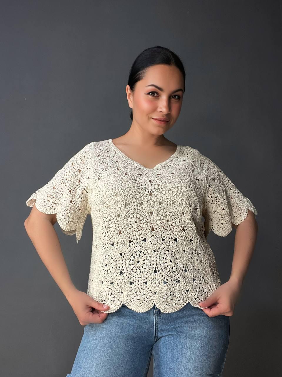 Блузка жіноча A-N 5303 мереживна в’язана з коротким рукавом OS Бежевий (26404724) - фото 1