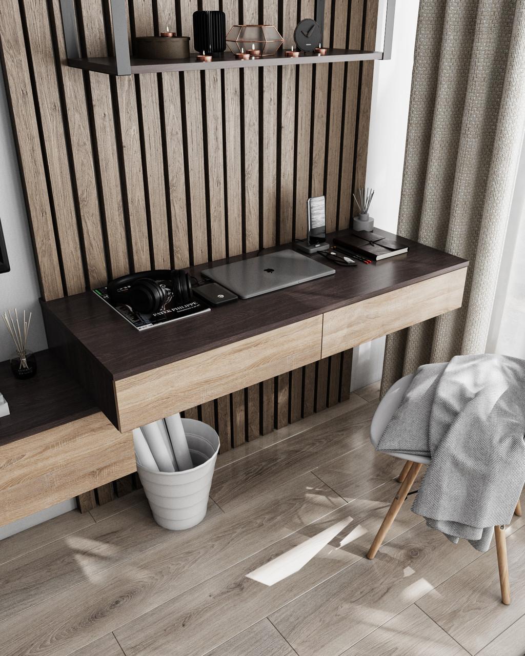 Навесной компьютерный стол на 2 ящика Венге темный/Дуб Сонома (T-222)