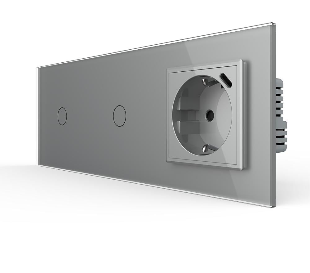 Выключатель умный проходной Livolo сенсорный 2 сенсора 1-1 с розеткой USB Type-C 18 Вт стекло Серый