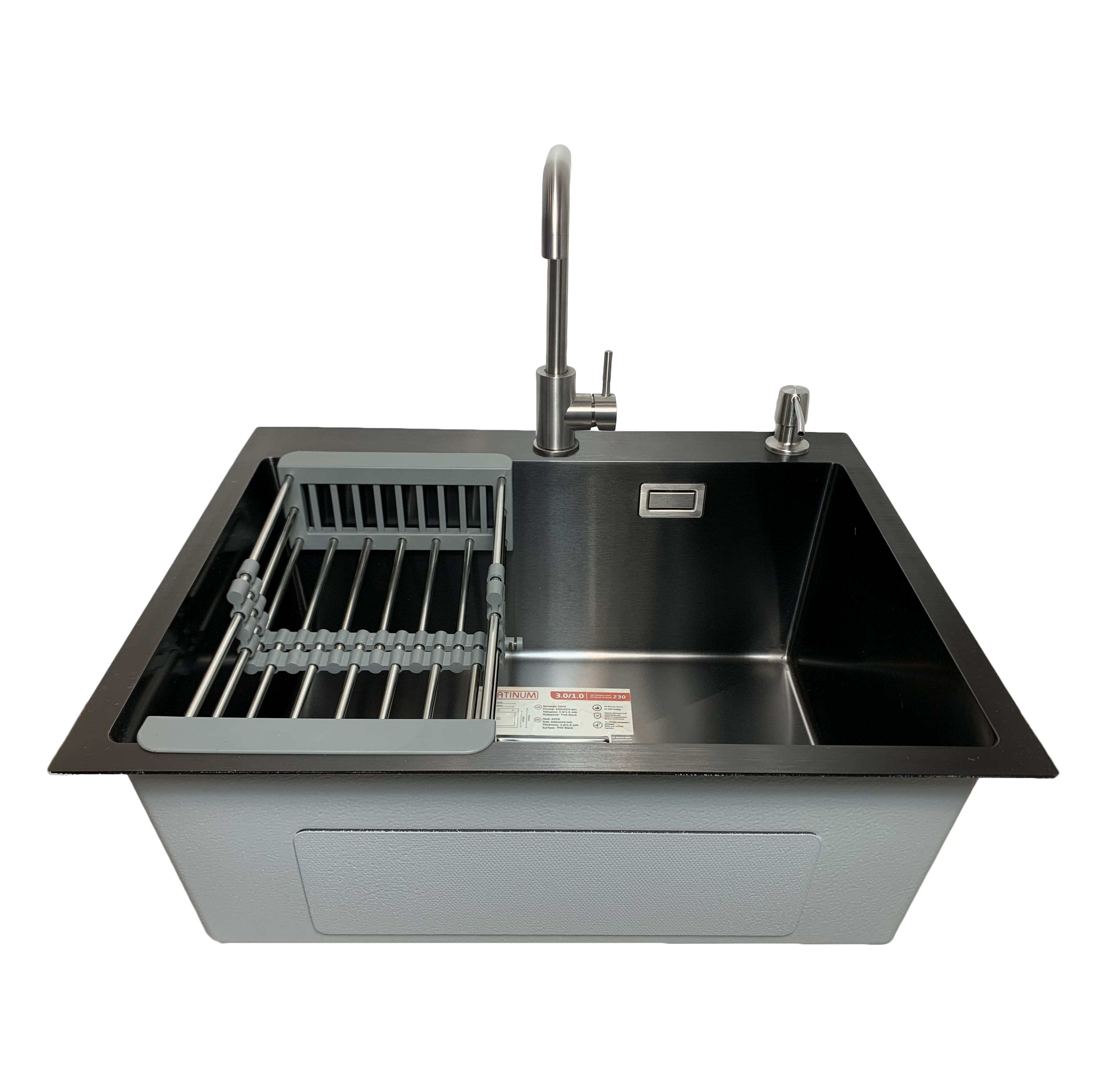 Мойка кухонная Platinum Handmade 60x50 с квадратным сифоном + смеситель/корзинка/дозатор/сифон Мойка кухонная Platinum Handmade 60x50 с квадратным сифоном + смеситель/корзинка/дозатор/сифон