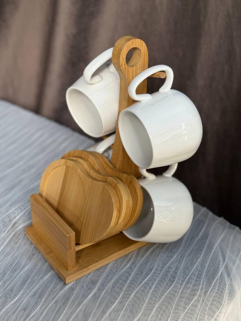 Набор кружок керамических Elisey Тандем на бамбуковой подставке 180 мл/25 см 4 шт. Белый (125-81-9184-005)