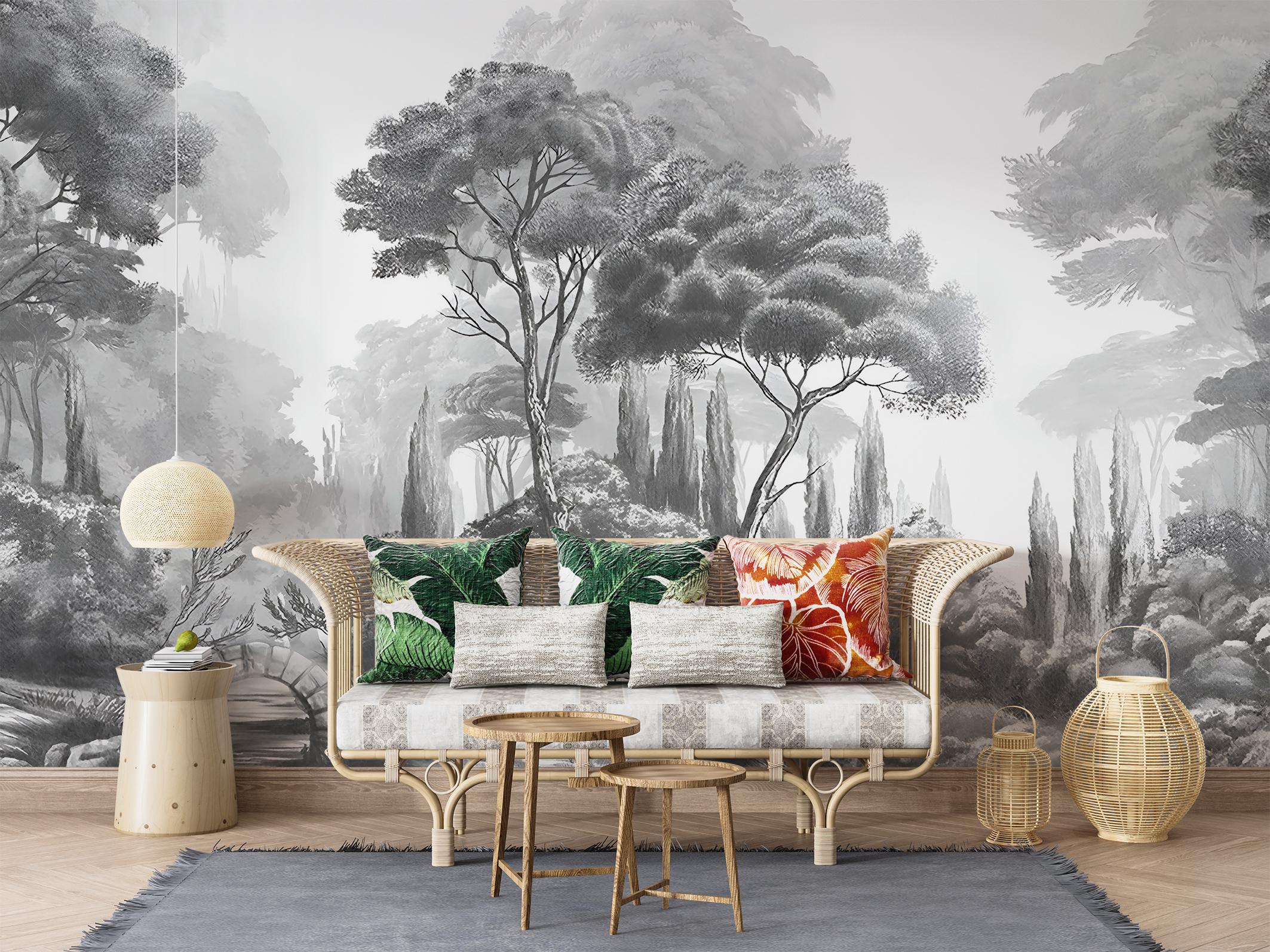 Фотообои флизелиновые Upstream винтажные Черно-белый лесной пейзаж с каменным мостиком 230х153 см (VINT-013/3) - фото 3