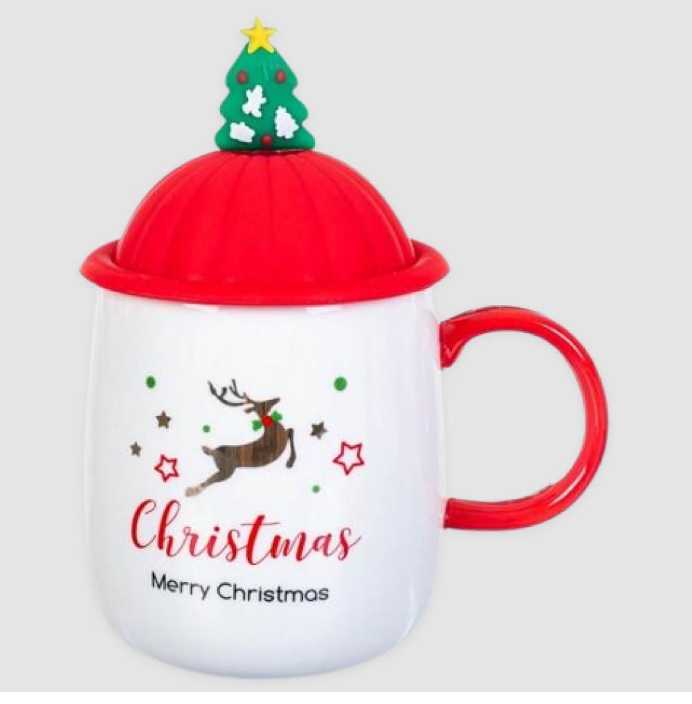 Кружка Елка Рождества/Олень с силиконовой крышкой и ложкой 450 мл (21-олень-О8030-109)