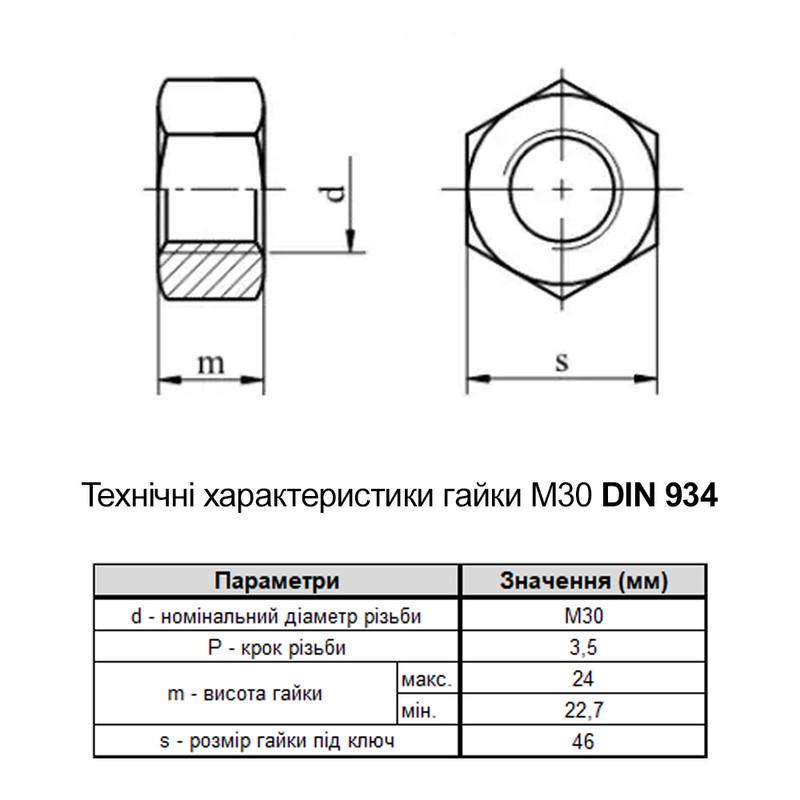 Гайка шестигранная Metalvis М30 DIN934 сталь 6 шаг 3,5 под ключ 46 мм без покрытия 25 кг (60000000060300000K) - фото 2