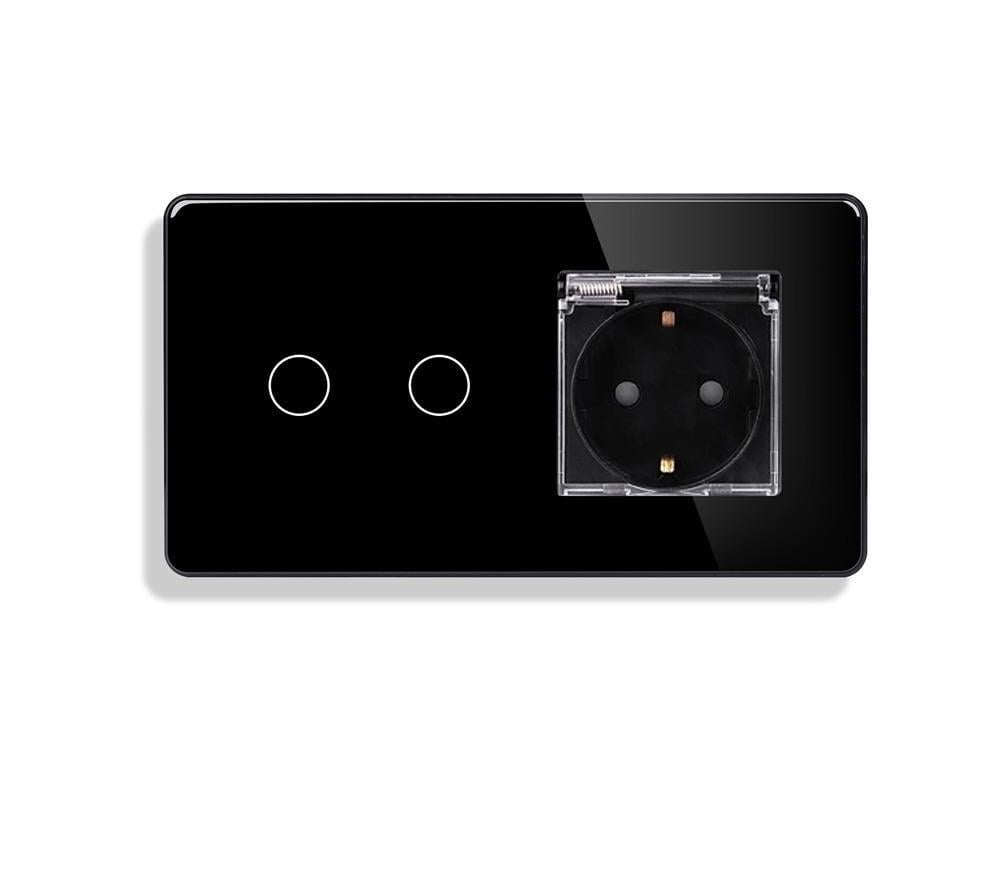 Выключатель проходной двойной ELIOS сенсорный с розеткой IP44 крышка 16А 230В с заземлением/шторками стекло Черный