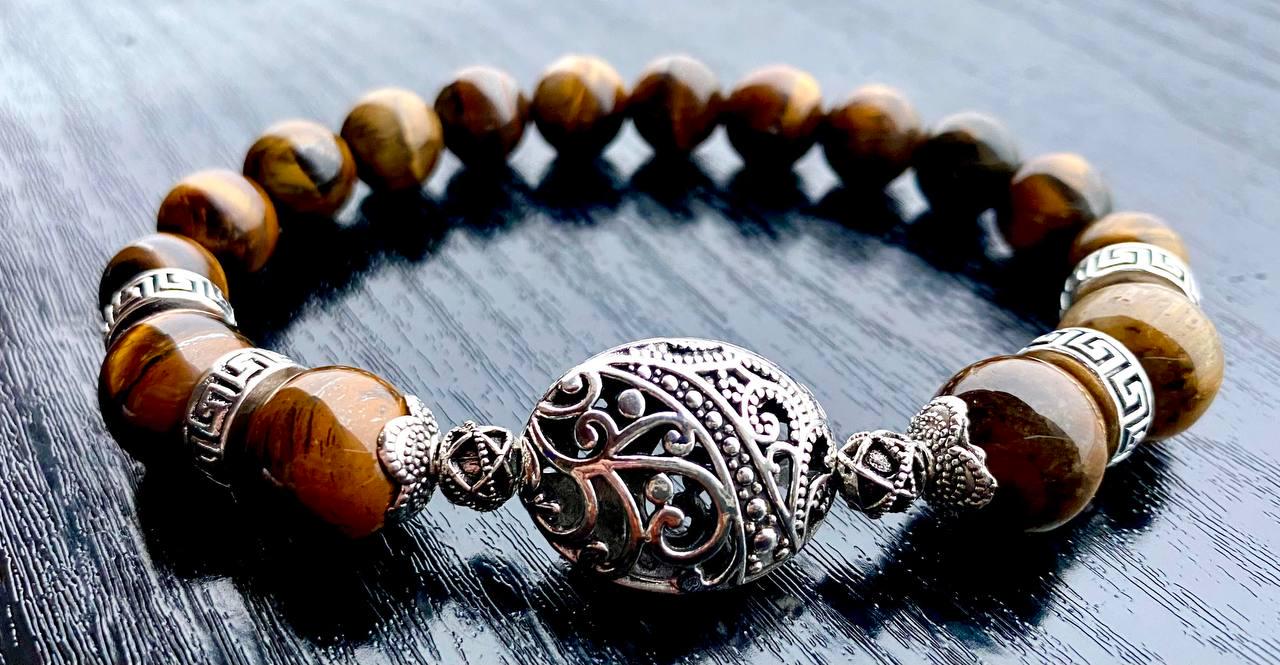 Браслет LITAURS из натурального камня тигровый глаз и металлическими вставками L 18-21 см (241207-1)