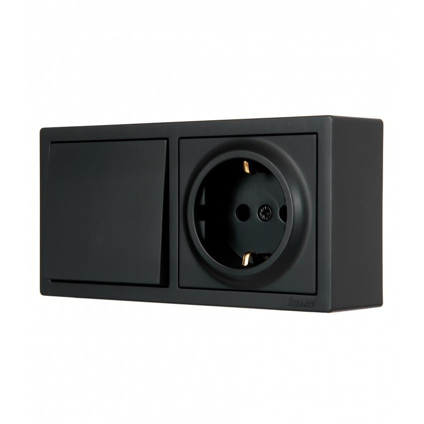 Вимикач одноклавішний прохідний Lezard Leto та розетка одинарна з заземленням Антрацит (752-4200-170BIP)