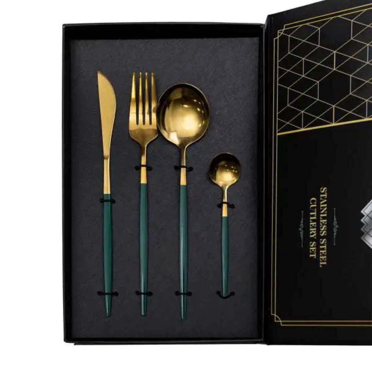 Набор столовых приборов на 6 персон 24 пр. Золотистый с зеленым - фото 5 Набор столовых приборов на 6 персон 24 пр. Золотистый с зеленым - фото 5
