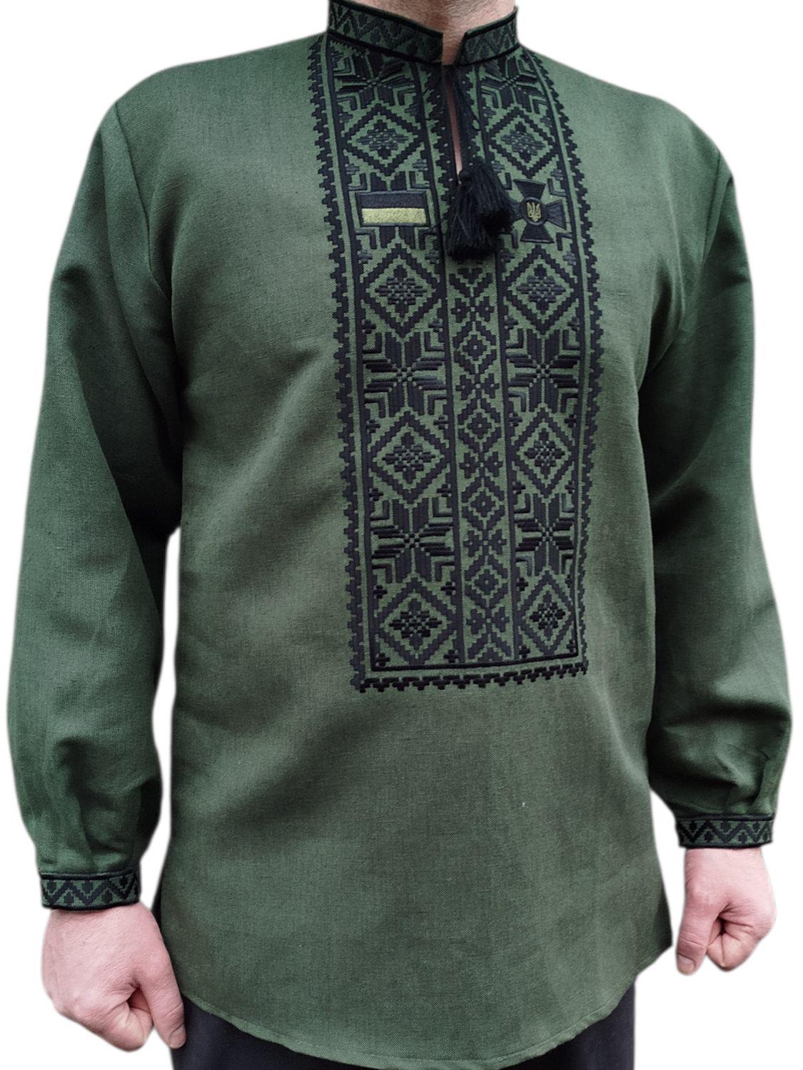 Вышиванка мужская льняная с длинным рукавом М Зеленый/Черный (03755 M-46)