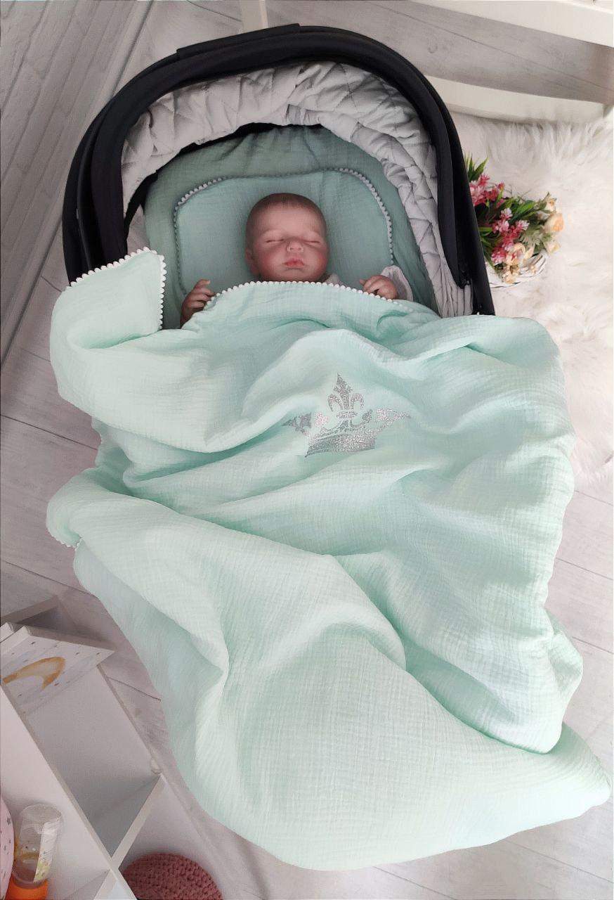 Набор в коляску 3в1 с короной муслин Мятный (25011131) - фото 1
