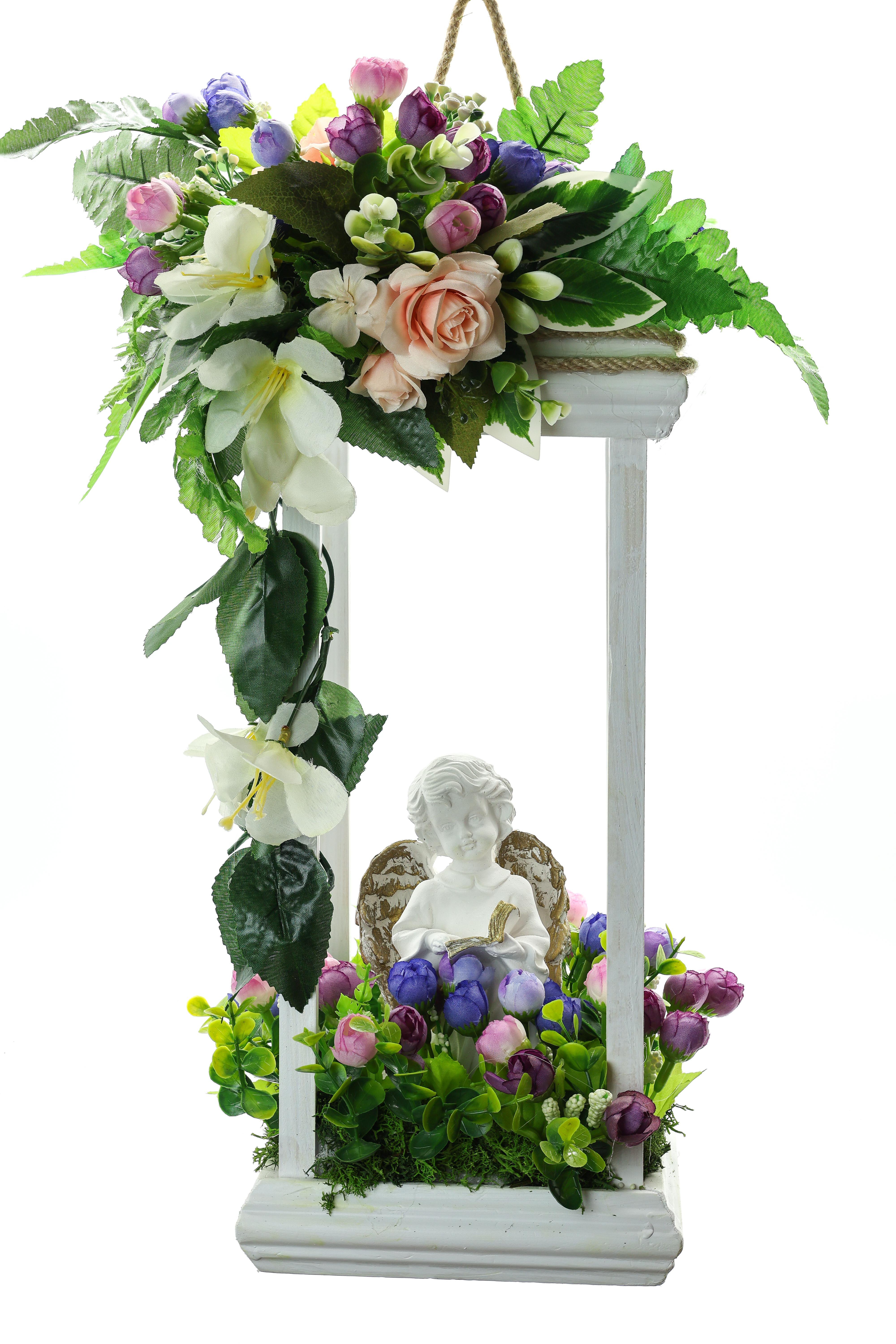 Лампіон GALA DECOR дерев'яний з пишною флористикою та гіпсовим ангелом