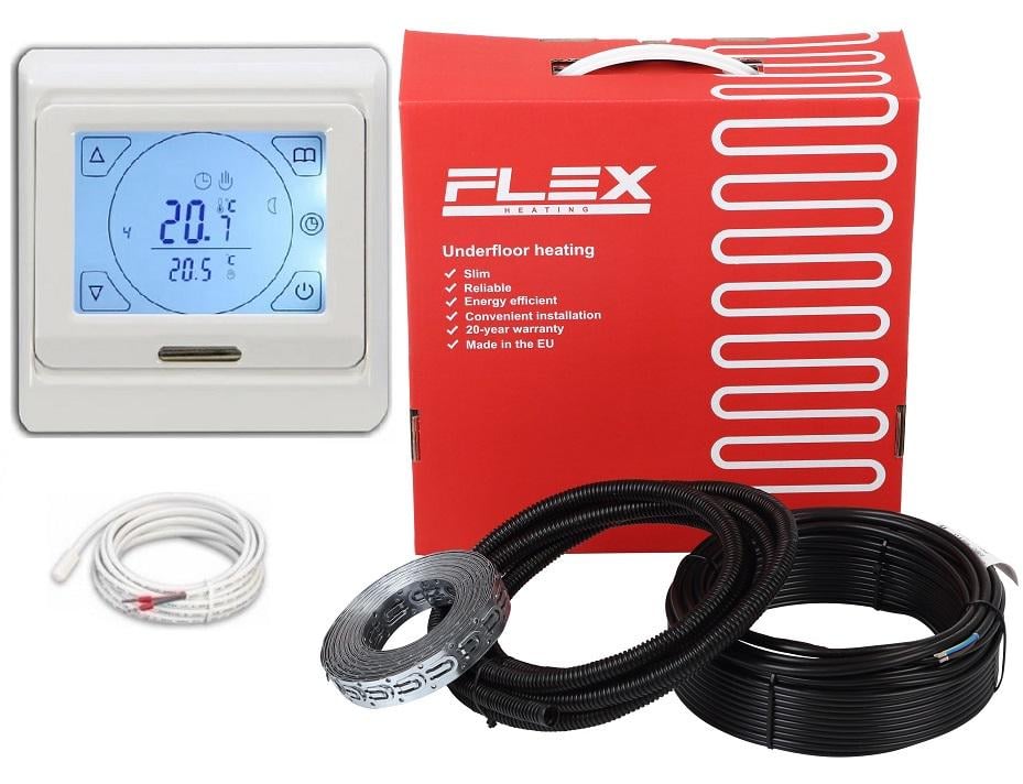Нагрівальний кабель FLEX 5 м²-6 м²/875 Вт 50 м/17,5 Вт/м з програмованим терморегулятором E91 Нагрівальний кабель FLEX 5 м²-6 м²/875 Вт 50 м/17,5 Вт/м з програмованим терморегулятором E91