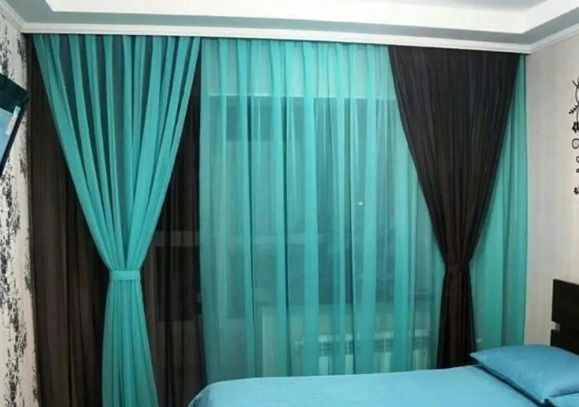 Комплект шторы/тюль из шифона 3 шт. 2×2,9 м/1 шт. 5×2,9 м Бирюзовый/Венге (001дк/6 3-3,5м)