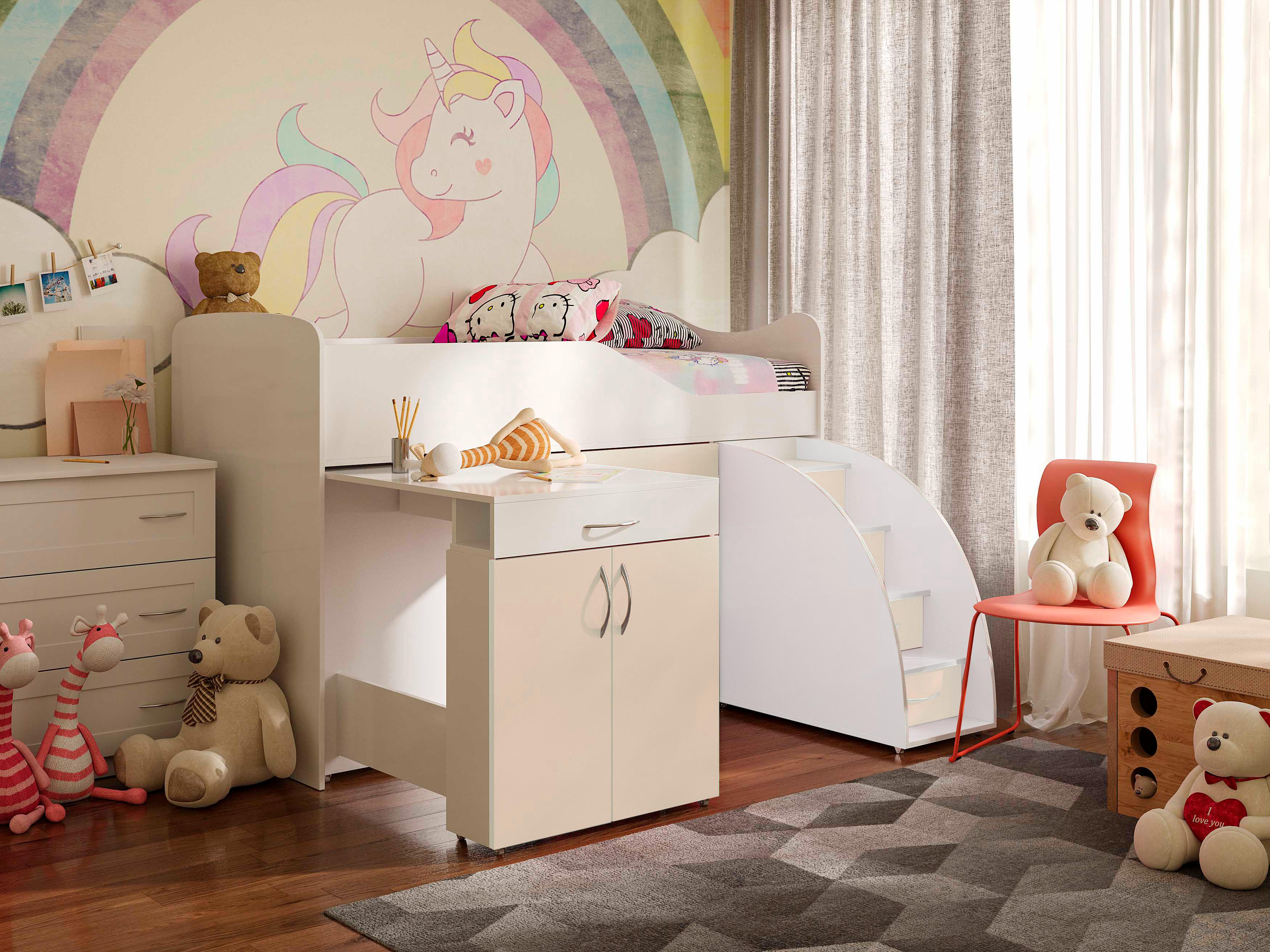 Кровать-комната со столом Viorina-Deko Bed Room №5 из ламинированной ДСП 80х180 см Белый/Сакура (54550)