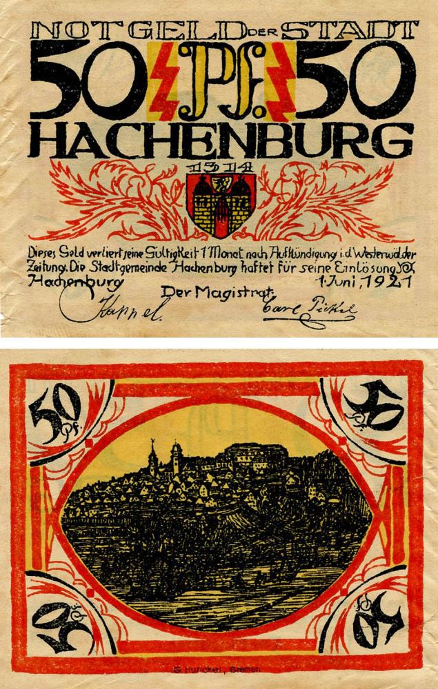 Коллекционная банкнота Германия Нотгельд 50 пфеннигов 1921 F-VF Хахенбург (Б18643)