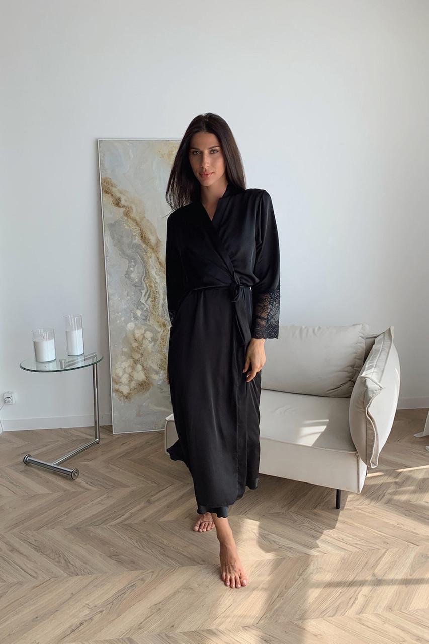 Халат женский Julia Ulich с кружевным рукавом шелк-сатиновый XL Черный (4120_25) - фото 1 Халат женский Julia Ulich с кружевным рукавом шелк-сатиновый XL Черный (4120_25) - фото 1