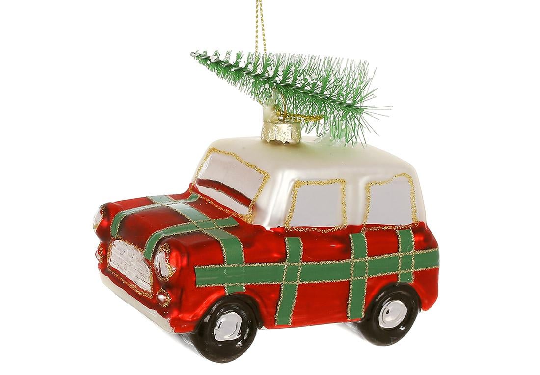 Іграшка на ялинку скляна BonaDi Машинка з ялинкою 10 см Червоний з зеленим (115-242)