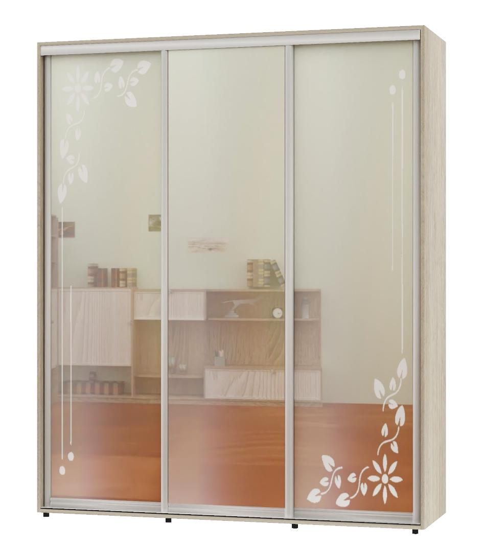 Шкаф-купе трехдверный Алекса ШК-05 2 Зеркала с пескоструйным рисунком/Зеркало 230х45х220 см Дуб шамони светлый