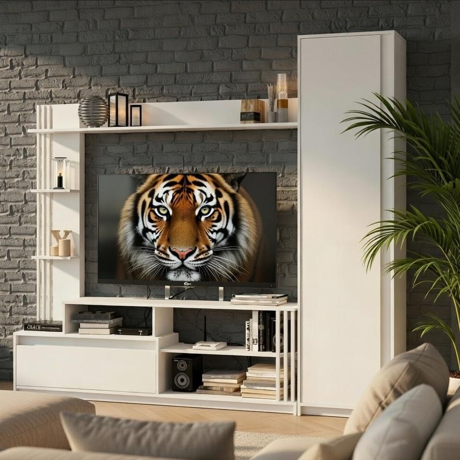 Стенка для ТВ Мастер Форм Брайт ДСП горка в гостиную со шкафом правосторонняя 2220х376х2000 мм Белый (20659)