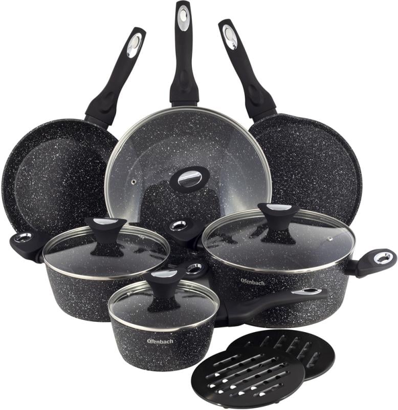 Набір кухонного посуду Ofenbach Black Marble індукція з антипригарним покриттям 12 предметів (NB-100520)
