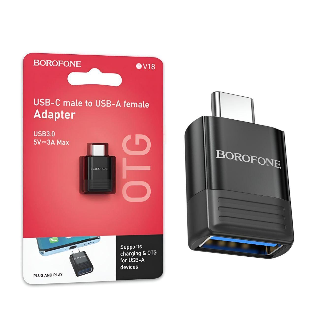 Переходник Borofone BV18 Type-C/USB 3.0 из высококачественного пластика максимальный ток до 3А (25453422)