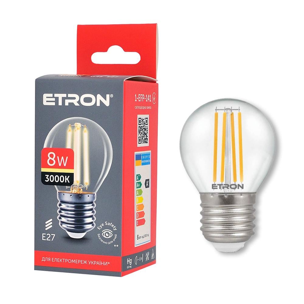 Світлодіодна лампа філаментна ETRON Filament 1-EFP-141 G45 8W E27 3000K Прозорий (13740) Світлодіодна лампа філаментна ETRON Filament 1-EFP-141 G45 8W E27 3000K Прозорий (13740)