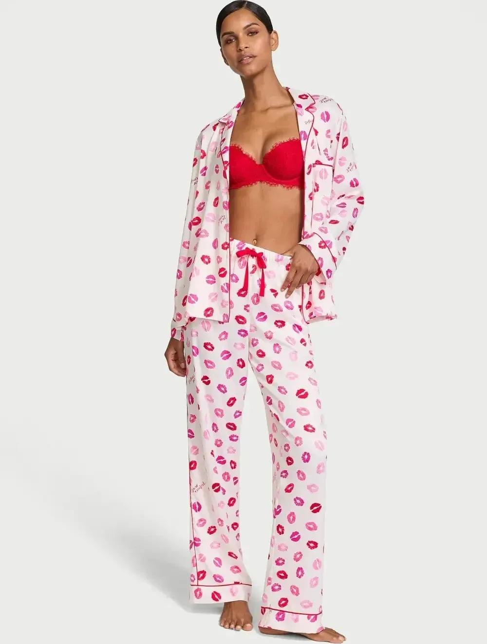 Піжама сатинова сорочка/штани Victoria's Secret Glazed Satin Long Pajama Set Coconut Lipstick Kisses Shot L Білий (2681206D)