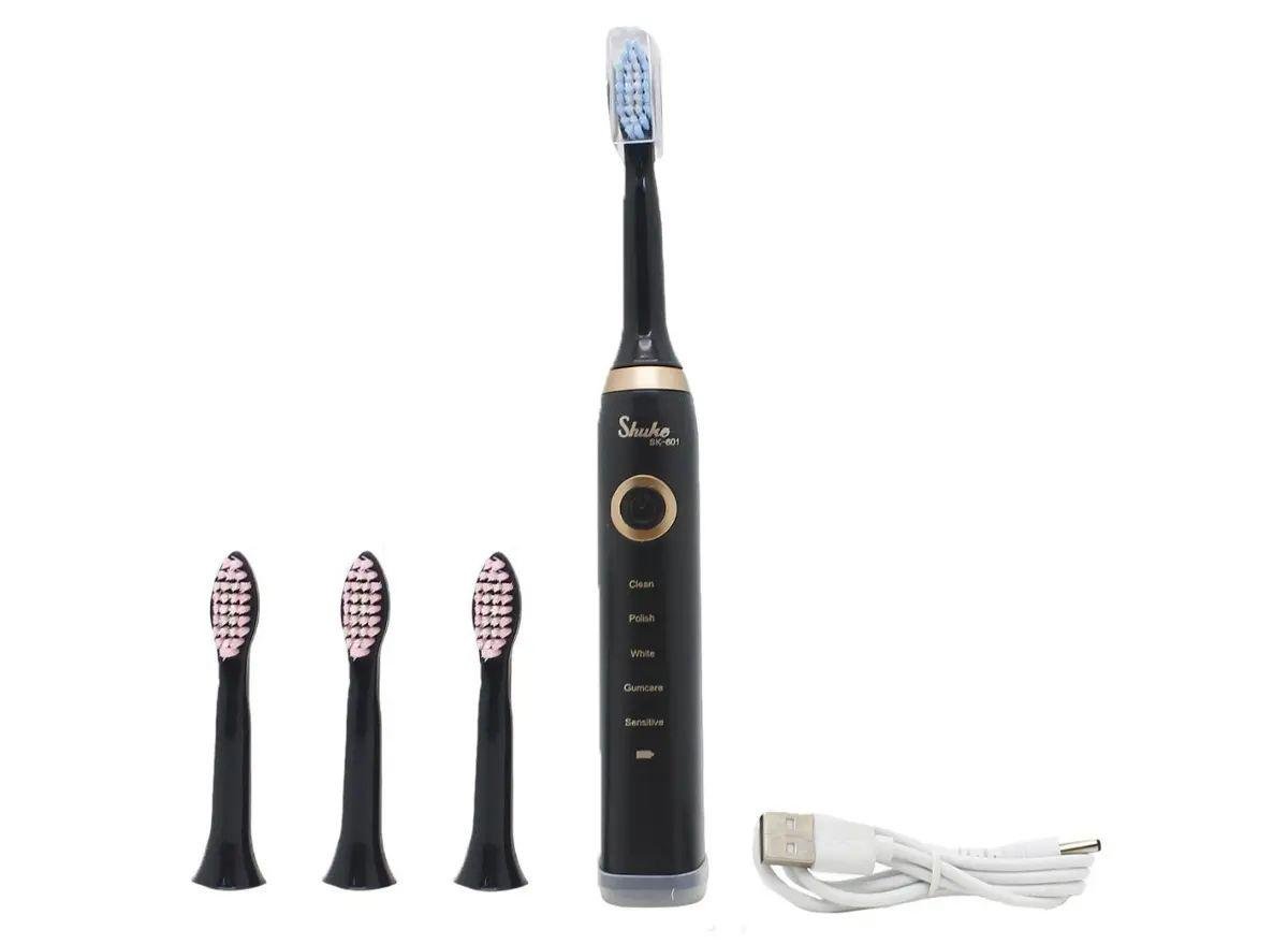 Зубная щетка электрическая Shuke SK-601 аккумуляторная с 4 насадками средней степени жесткости Черный (opt-15555)