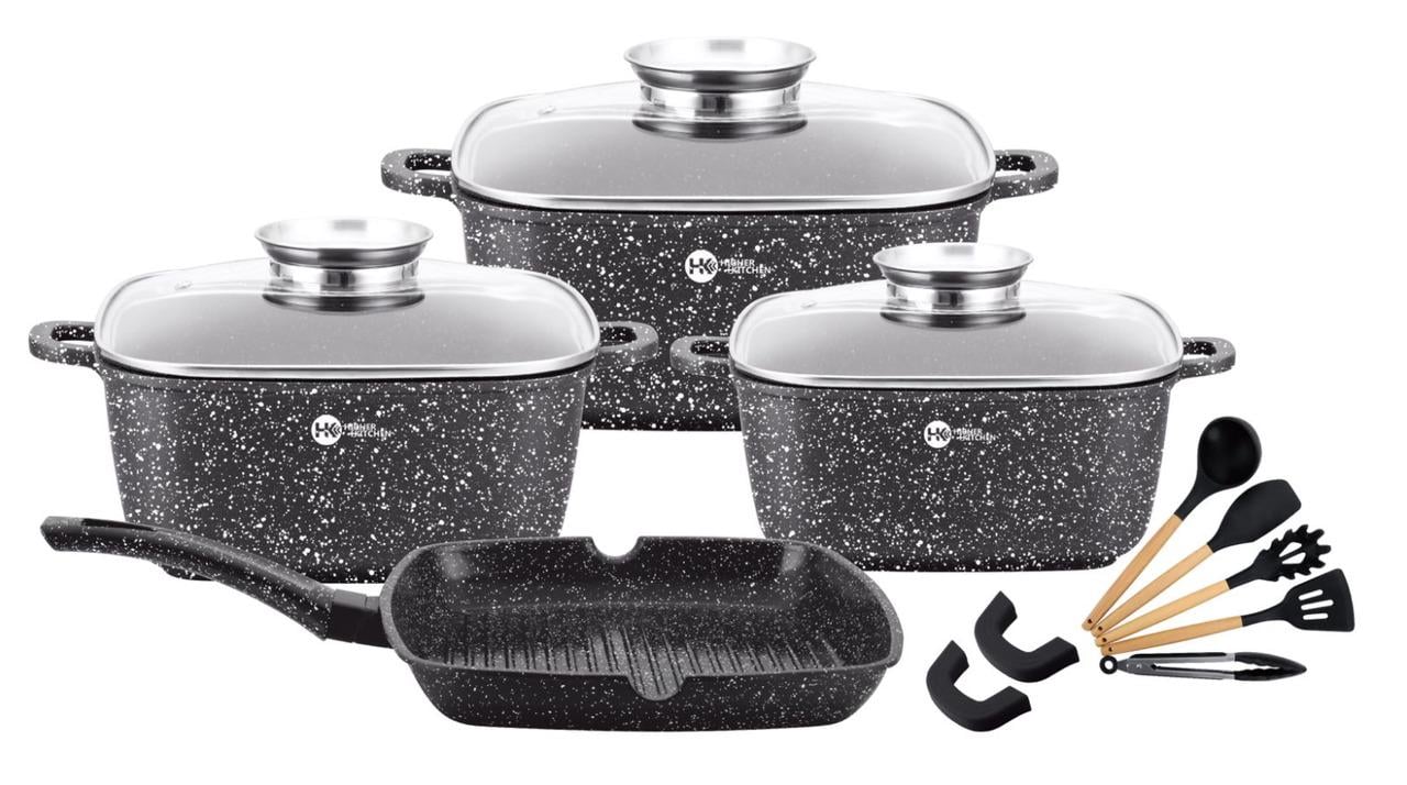 Набір посуду Higher Kitchen HK-317 із гранітним антипригарним покриттям 14 предметів Чорний (317АА) Набір посуду Higher Kitchen HK-317 із гранітним антипригарним покриттям 14 предметів Чорний (317АА)