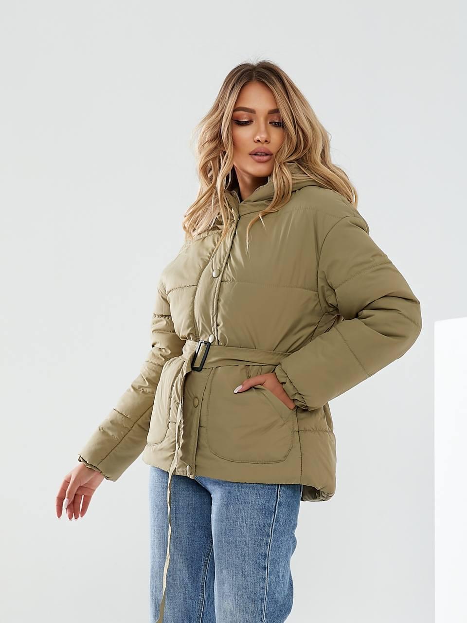 Куртка утепленная Khan короткая с поясом р. 42 Оливковый масляный (Kh332)