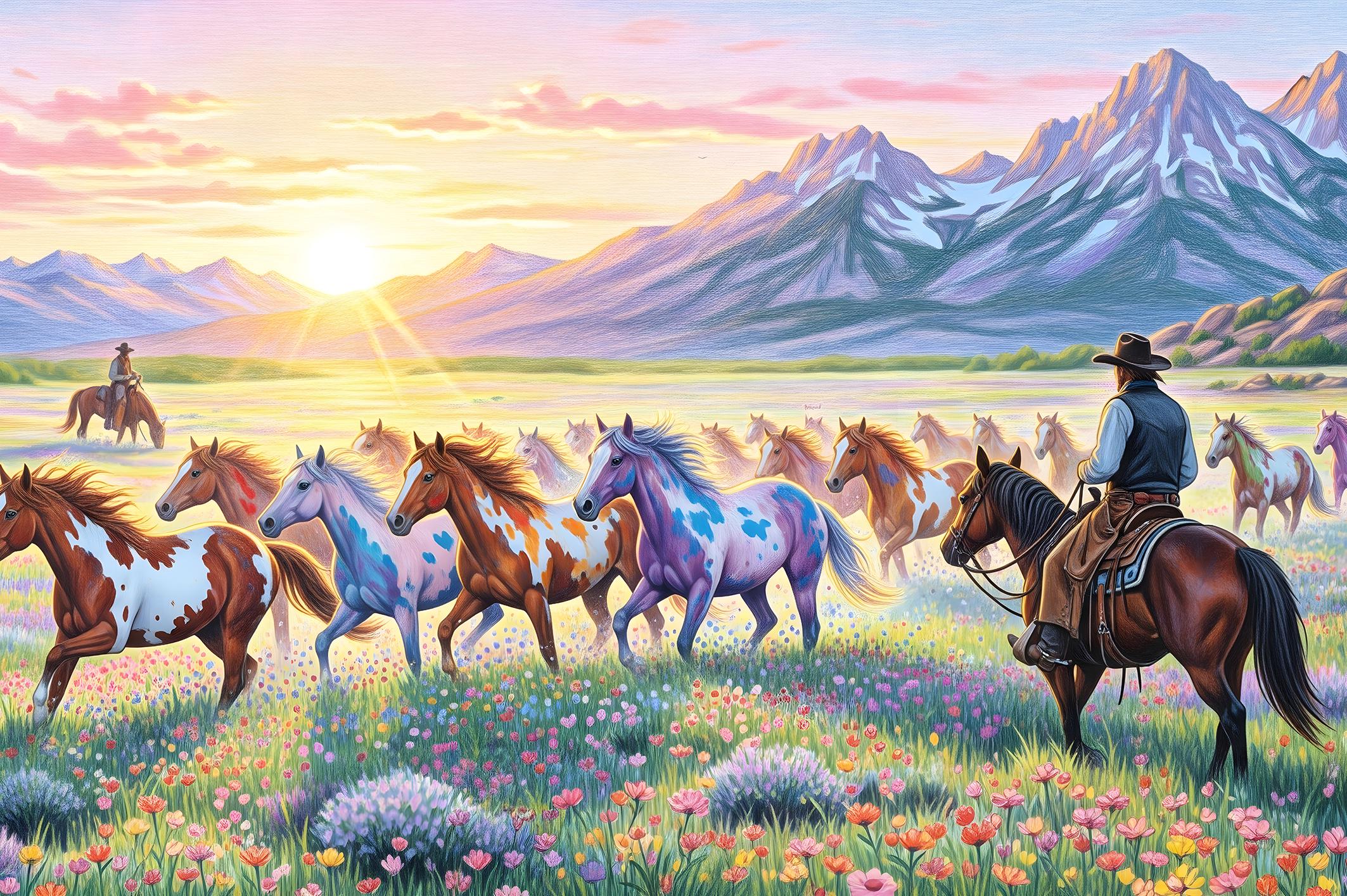 Фотообои флизелиновые Upstream Дикая мера: ковбои наблюдают за табуном лошадей 180х120 см (S5NTR-107/2)